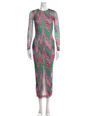 PatBo Long Sleeve Wave-Print Midi Dress in Green and Pink
